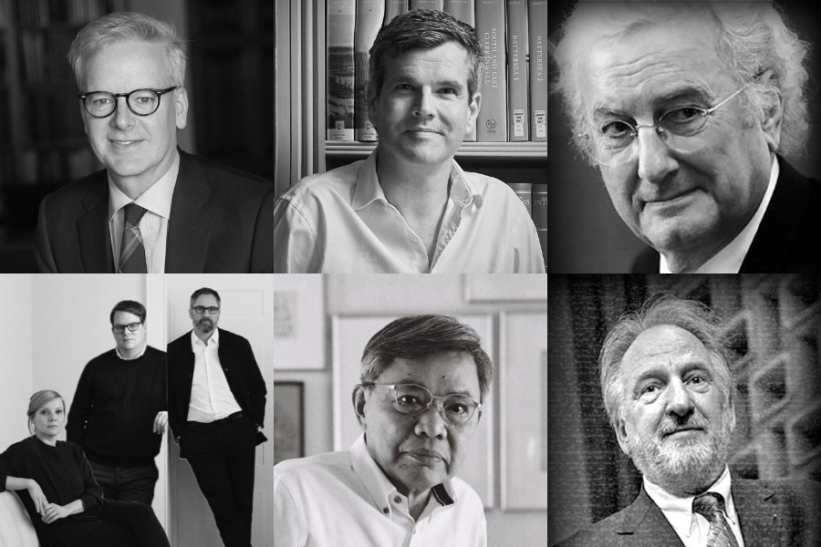 Collage of the past six laureates of the Richard H. Driehaus Prize, from left to right in the top row: Petery Pennoyer, Ben Pentreath, Rob Krier, bottom: Sebastian Treese Architekten (including Julia Treese, Sebastian Treese, and Jan Burggraf), Ong-ard Satrabhandhu, and Maurice Culot.