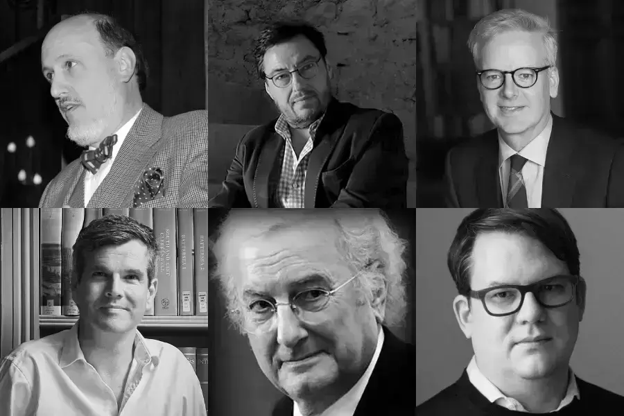 Six black and white portraits of men. Top row: a balding man with a goatee and bow tie, a bearded man in glasses, a smiling man in a suit. Bottom row: a man in a white shirt, an older man with white curly hair and glasses, a man with dark-framed glasses.